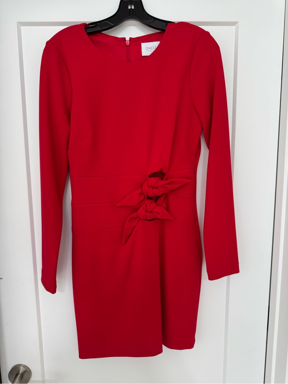 Red Long-Sleeve Bow Accent Dress